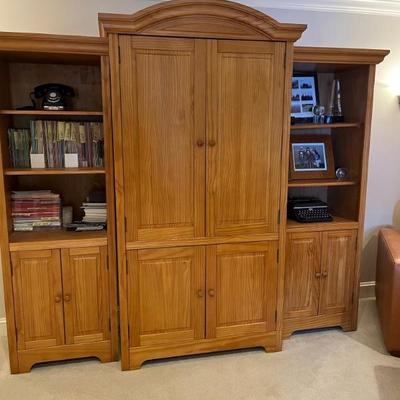 wood entertainment armoire, book shelves