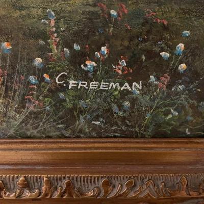 large landscape painting in an ornate gold frame, late 20th century, signed C. Freeman