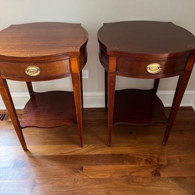 pair of Baker side tables, inlaid tops