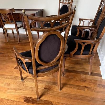 set of 4 1970s armed dining chairs with black suede upholstery, Hollywood Regency