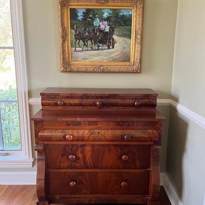 American Empire chest, book matched mahogany with white pine, early to mid 19th century