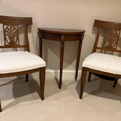 set of Hepplewhite style chairs by Kindel (3 available), small Demi-lune table, Regency style