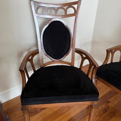 set of 4 1970s armed dining chairs with black suede upholstery, Hollywood Regency