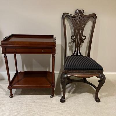 Chippendale style side chair with black seat cushion, Regency style bar cart with tray