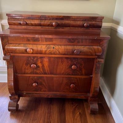 American Empire chest, book matched mahogany with white pine, early to mid 19th century