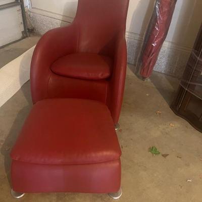 MID CENTURY RED CHAIR AND OTTOMAN 