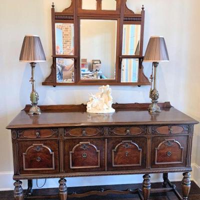 Antique buffet, and Antique beveled mirror