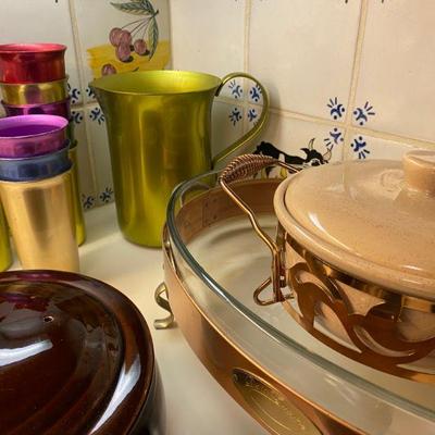 Vintage Cookware and 1960s Aluminum pitcher and matching aluminum drinking glasses