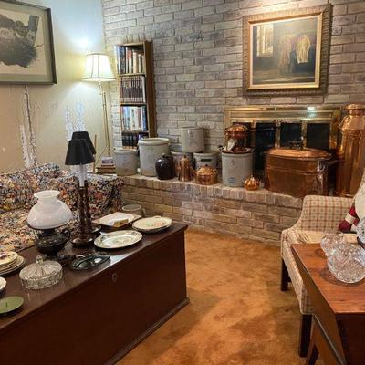 Living room full of decorative items including large crockery sizes 2, 4, 6 gallon by Redwing