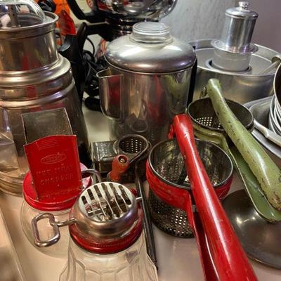 Vintage Ricers and assorted Vintage coffee percolators