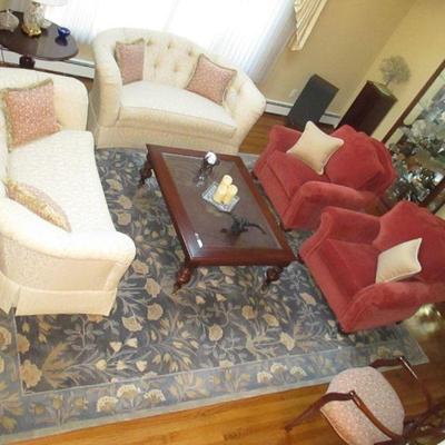 Living Room Suite Complete with Two Matching Sofas & Two Matching Arm Chairs ~ Rug ~ Pair of Lighted Curio Cabinets 