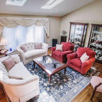 Living Room Suite Complete with Two Matching Sofas & Two Matching Arm Chairs ~ Rug ~ Pair of Lighted Curio Cabinets ~ Armoire ~ Lighting...