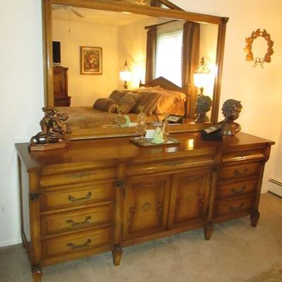 French Provincial Vintage Queen Bedroom Suite with Cherub Brass Lighting