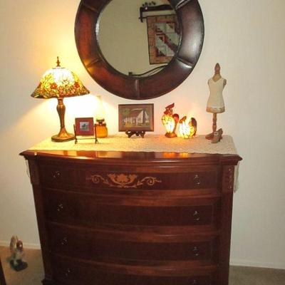 Antique Edwardian Inlaid English Demilune Cabinet Commode ~ Tiffany Style Stained Glass Lighting~ Round Wall Mirror ~ Accents
