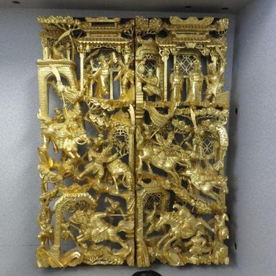 Rare hand-carved, gold gilt Chinese wall display. Amazing 3-D craftsmanship.