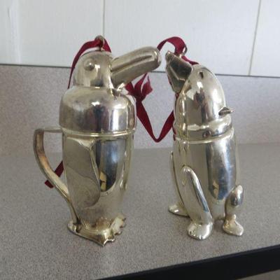 Fun holiday ornament=sized reproductions of Restoration Hardware drink shakers.