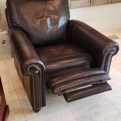 AVAILABLE NOW FOR PRE-SALE Pair Mocha High End Genuine Leather Reclining Chairs w/ Brass Tack Accents - double stitching, 40