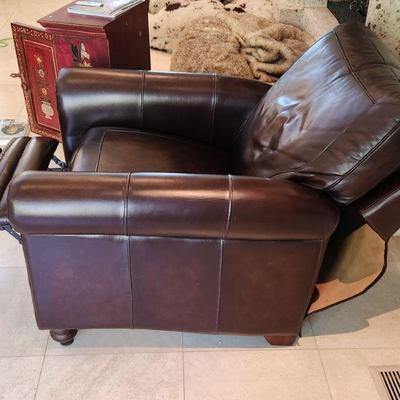 AVAILABLE NOW FOR PRE-SALE Pair Mocha High End Genuine Leather Reclining Chairs w/ Brass Tack Accents - double stitching, 40