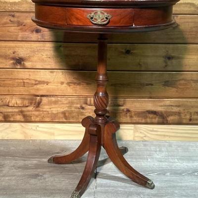 Vintage Mahogany Drum Table w/ Drawer, Brass Feet