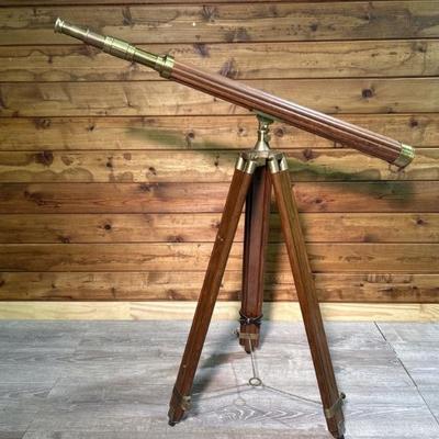 Vintage Wood and Brass Telescope Mounted on Tripod
