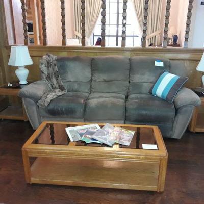 ultra suede sofa, matching coffee table and end tables. Lamps