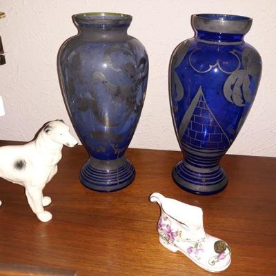 antique silver overlay glass vases and figurines