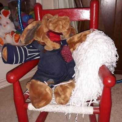 child rocking chair, pompoms, and a puppet