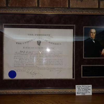 very nice Brigade Surgeon award to Dr. Samuel Kelley signed by President William McKinley framed with a presidential photo of McKinley...