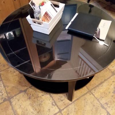 Black glass and wood coffee table