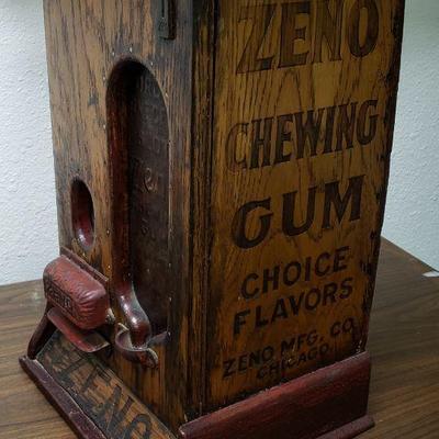 Antique, wooden ZENO chewing gum 1c vending machine.