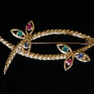 1081	14K YELLOW GOLD BROOCH PIN CONTAINING 6 MULTI COLORED GEMSTONES; TWO RUBY, TWO BLUE SAPHIRE & TWO EMERALD. WEIGHT INCLUDING STONES...