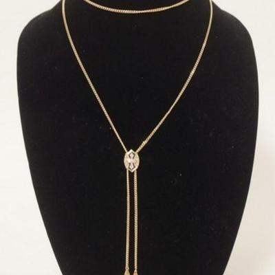 1089	14K YELLOW GOLD NECKLACE W/ SLIDE CONTAINING 5 ROUND DIAMONDS WEIGHT APP. 0.05 CARATS. TOTAL WEIGHT 12.6 DWT. CHAIN APP. 42 IN L 
