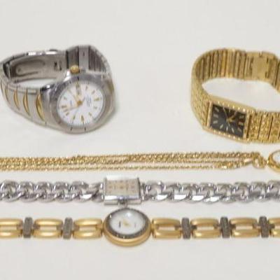 1055	GROUP OF FIVE WATCHES, FOUR ARE WRISTWATCHES, ONE IS A POCKET WATCH ON GOLD TONE CHAIN. LOT INCLUDES COLIBRI, EL PRADO, SEIKO,...