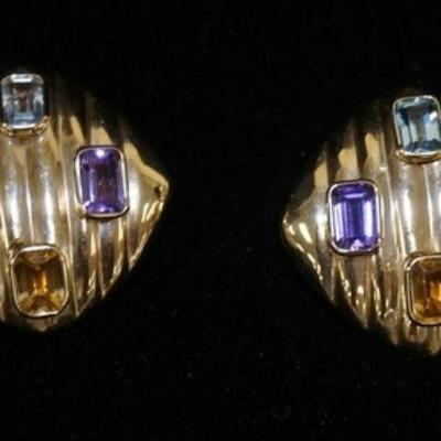 1034	PAIR OF 14K YELLOW GOLD CLIP ON EARRINGS CONTAINING TWO EMERALD CUT GENUINE MOZAMBIQUE GARNETS, TWO EMERALD CUT GENUINE CITIRINES &...