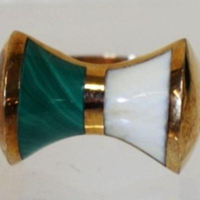 1008	14K YELLOW GOLD *BOW* SHAPED RING W/ GENUINE MALACHITE STONE. TOTAL WEIGHT INCLUDING STONES 3.30 DWT. SIZE APP. 6 3/4 
