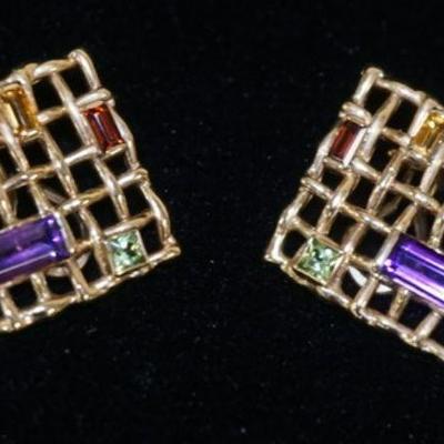 1088	PAIR OF 14K YELLOW GOLD CLIP BACK EARRINGS W/ GENUINE BAGUETTE & SQUARE CUT MULTI COLORED GEMSTONES; TWO AMETHYST, TWO RHODOLITE...