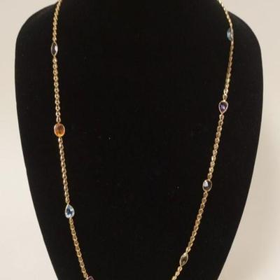 1111	14K YELLOW GOLD NECKLACE W/ MULTI COLORED GEMSTONES. TOTAL WEIGHT INCLUDING STONES 11.75 DWT 
