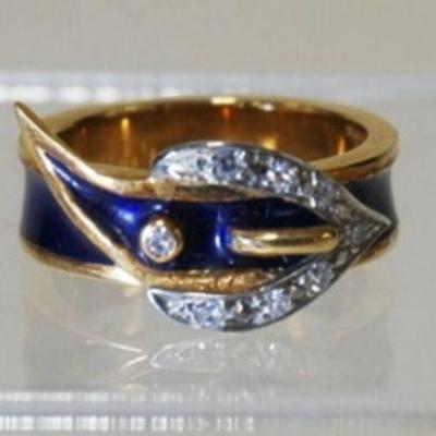 1013	18K GOLD & BLUE ENAMEL  BELT BUCKLE RING W/ EIGHT DIAMONDS WEIGHING APP. 0.04 CARATS. TOTAL WEIGHT INCLUDING ENAMEL/DIAMONDS IS...