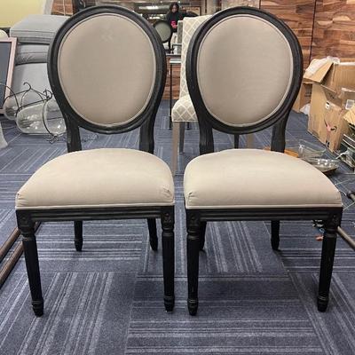 Restoration Hardware 
Set of 2 beautiful grey chairs, with black wood trim.
40H x floor to seat 18H x seat deep 18 x seat back width 18...