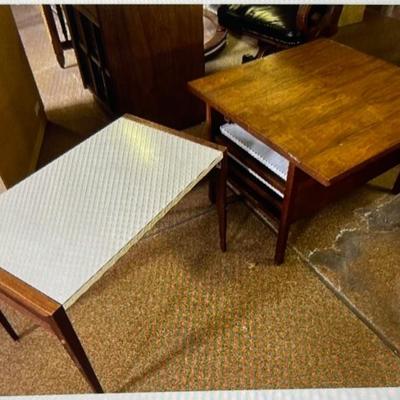 MCM Brown Saltman nesting tables .  3 white laminate topped folding tables nest inside this end table 26.5” square x 18.5 H overall $400.00
