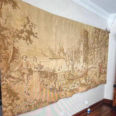 A stunning statement piece of a European pastoral scene.  Hanging rod included 
Large wall size vintage tapestry, 15.5 feet Wx 5 feet H...