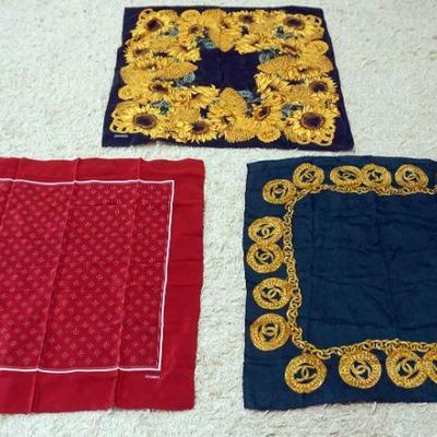 1129	3 CHANEL SCARVES, SMALL STAIN ON RED ONE
