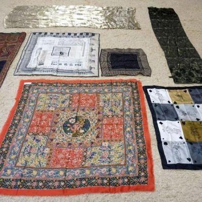 1125	6 METROPOLITAN MUSEUM OF ART SCARVES PLUS ONE MMA HANKERCHIEF, SOME WEAR AND STAINING
