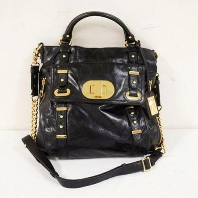 1019	BADGLEY MISCHKA BLACK LEATHER CHAIN BAG, NEW. APPROXIMATELY 14 IN L X 13 1/2 IN H 
