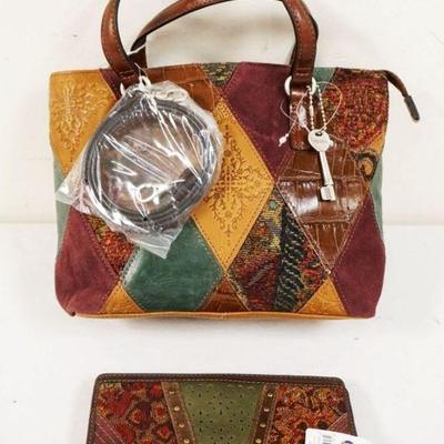 1002	FOSSIL LEATHER AND EMBROIDERED BAG WITH MATCHING WALLET, NEW WITH TAGS. APPROXIMATELY 10 IN L X 7 1/2 IN H X 3 1/2 IN
