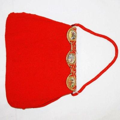 1097	RED BEADED BAG WITH PORTRAIT MEDALLIONS ON CLASP, MARKED CHUNN 43 RUE RICHER PARIS FRANCE.  TAINING INSIDE AND SOME BEADING ON CLASP...