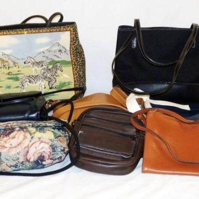 1081	7 BAGS INCLUDING 2 COACH BAGS WORN ON BOTTOM, BLACK LEATHER SADDLE BAG WITH MEXICAN MOTIF AND MORE

