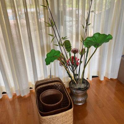 KDE066- Faux Tropical Floral Arrangement & Woven Baskets