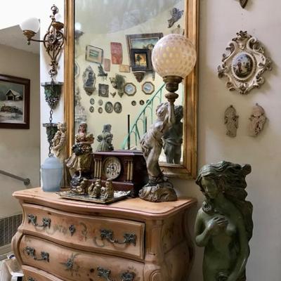 Entryway pieces, statues, and lamps