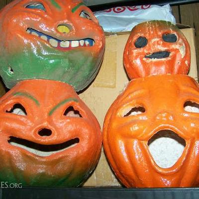 Hard to find Halloween collectibles like these papier mache jack-o-lanterns.